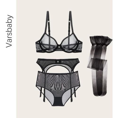 Varsbaby Women 4 Piece Set Sexy Lingerie Ultra thin Mesh See through Bra+High Rise Panties+Lace Garter Belt+stocking Black