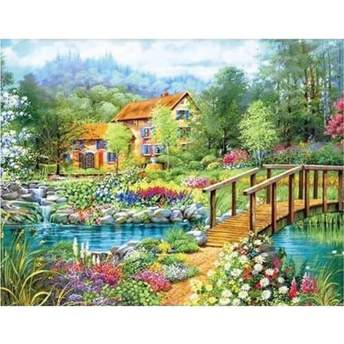Paint with Diamond Embroidery "House Near the River" Diamond Painting Full Round Picture of Rhinestone Home Decor