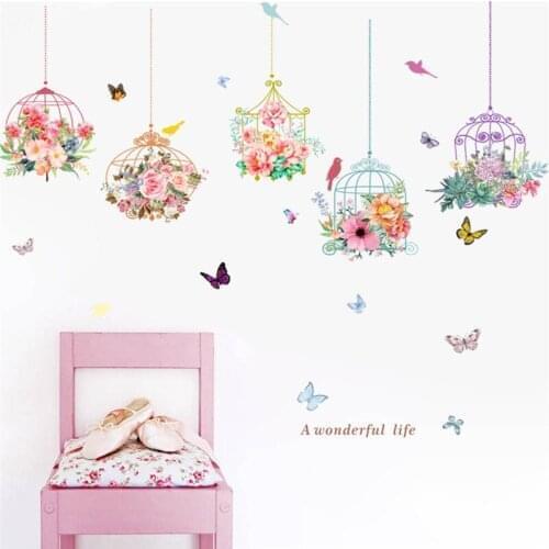 Colorful Butterfly Birdcage Flower wall stickers bedroom store window TV Background wall decals arts wedding decor