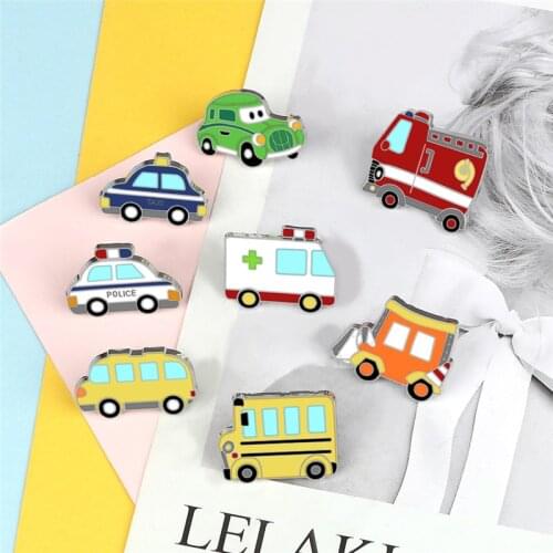 Creative Car Cartoon Brooches Ambulance Taxi Fire Truck Bus Classic Lapel Enamel Pins Collection Jewelry For Doctors Kids Gifts