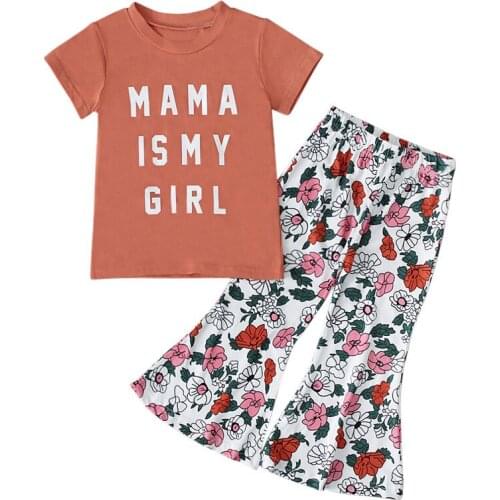 Summer Girl Set Letter Print T-shirt + Flare Bottom Pants Suits for Kids Children Clothes