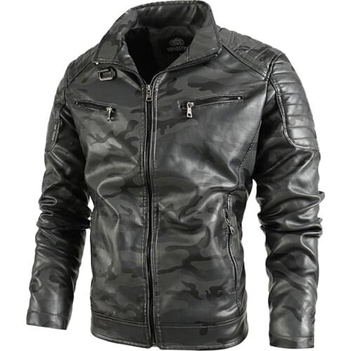 Mens Motorcycle Jacket Autumn Winter Men New Faux PU Leather Jackets Casual Camouflage Biker Coat Zipper Jacket