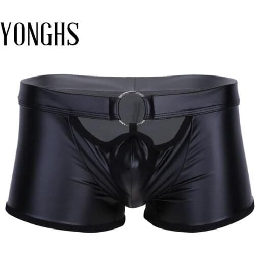 Men Lingerie Sex Latex Underwear Faux Leather Boxer Briefs Shorts Gay Homme Exotic Underwear Underpants with O-Ring Open Legs