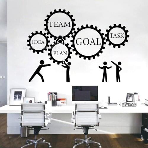 Wall Decals For Office Teamwork Gears Vinyl Wall Stickers Idea Team Plan Goal Task Lettering Words Decor Sticker Mural LL2530