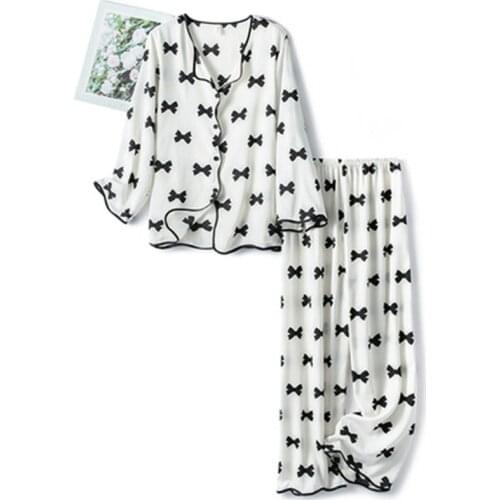 Sexy Pajamas Set Womens Pajamas Bow Black Long Pants 2Piece/Set Womens Home Top Silk Rayon Fashion Sleepwear kPaCotAkoWka