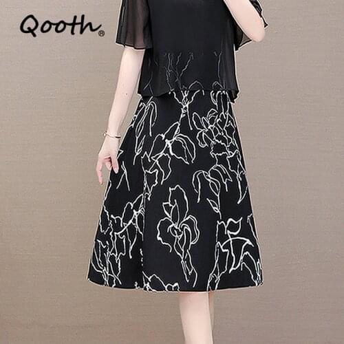 Qooth Printed Floral Elastic Waist Fairy Skirt Retro One Size Chiffon Mid-length Umbrella Skirt Elegant Office Lady Skirt QT786