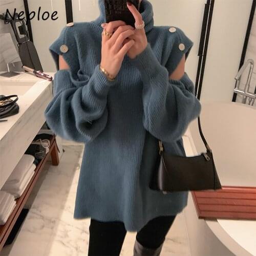 Neploe Sexy Shoulder Strapless Long Sleeve Sweaters 2021 Autumn New Solid Color Turtleneck Pullovers Loose Knitted Women Tops
