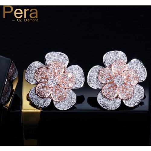 Pera Trendy Ladies Party Ear Jewelry Full Sparkling CZ Crystal Stone Big Cluster Flower Shape Stud Earring for Women Gift E157