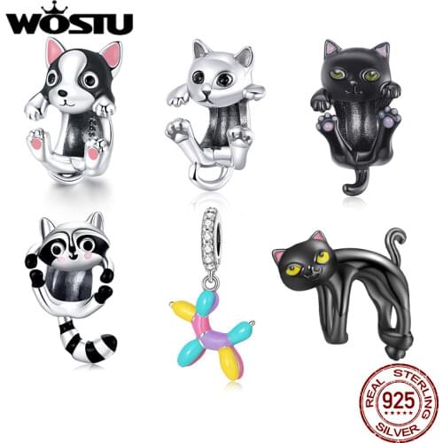 WOSTU 925 Sterling Silver Kitty Cat Charms Animal Beads Fit Original Bracelet DIY Necklace Jewelry For Women CTC208