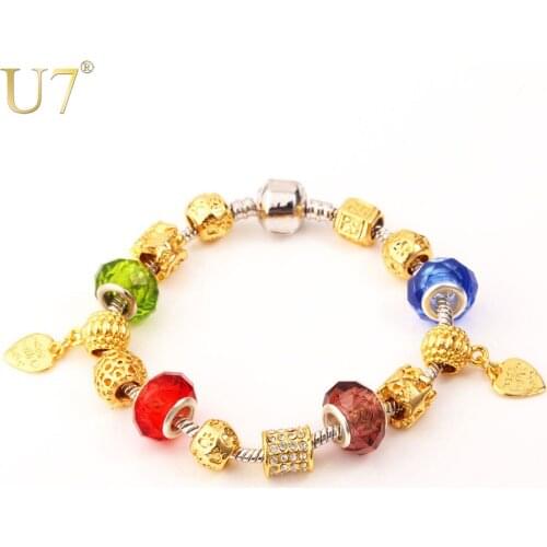 U7 European Beads Bracelet Gold Color Rhinestone DIY Jewelry Romantic Heart Charm Bracelet For Women H619