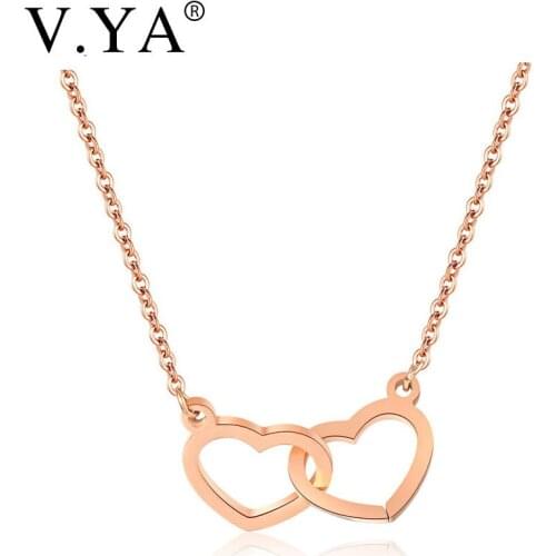 V.Ya Trendy Lovely Double Heart Choker Necklace For Women Rose Gold Color Stainless Steel Pendant Necklace Female Charm Dropship