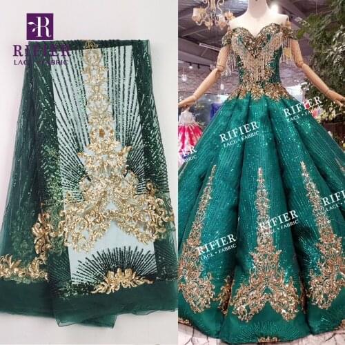 Green And Gold Sequined Embroidered Tulle Mesh Lace Fabric Fashion Design African Nigerian Sequins Net Lace Wedding Net Material