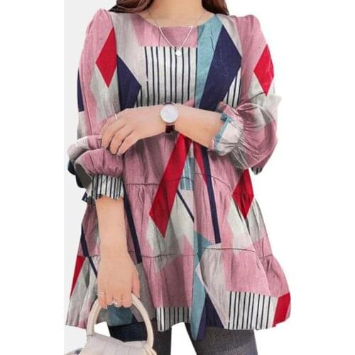 2021 Women Fashion Color Block Print Loose Blouse Elegant O-Neck Ruffle Long Sleeve Tops Pullover Autumn New Ladies Casual Shirt