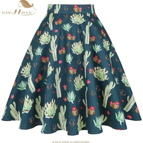 SISHION Cotton Cactus Flower Print Floral Summer Skirt VD0020 jupe femme Ladies A Line High Waist Skirts 2021 New Women Clothes