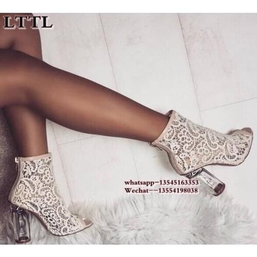 Womens boots open toe Clear Perspex heel sandals Black lace booties thick heel gladiator sandals Women gauze size 35-42