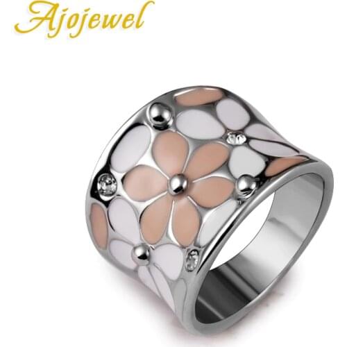 Ajojewel Brand Scarves Buckle Beautiful Silver Color White & Black/ Pink Enamel Women Rings Flower With Crystal