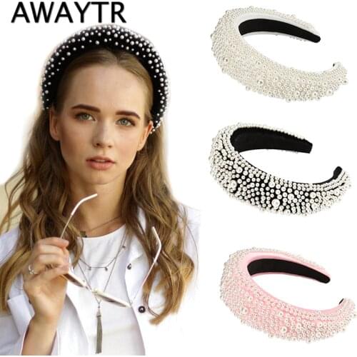 AWAYTR New Look Luxury Autumn Winter Velvet Full Pearl Headband for Women Padded Hairband Ladies Retro Bezel Hair Accessories