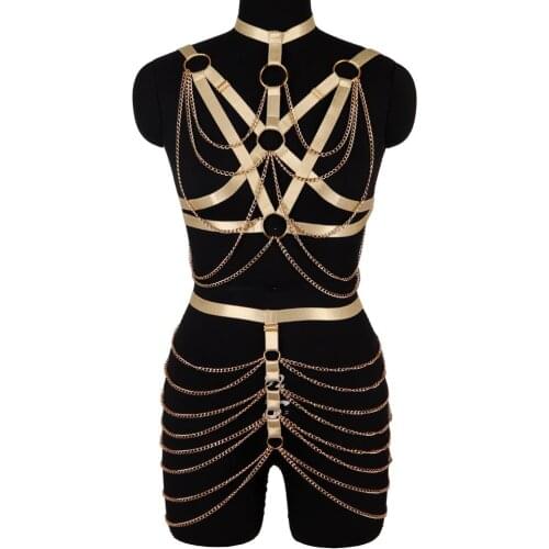 Gold Strappy Waist Chain Harness Top Cage Chest Suspender Adjust Bondage Women Pole Dance Gothic Punk Sexy Lingerie Elastic