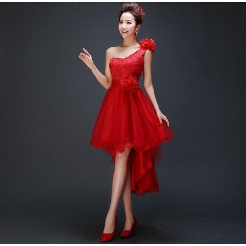 Women Short Tulle Bridesmaid Dresses High Low One Shoulder Graduation Dress Appliques Lace Up Sashes Prom Party Dress