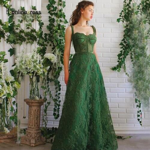 Elegant Green Evening Dresses Long Lace Appliques Evening Dress Transparent Floor Length Formal Party Gowns robe-de-soiree
