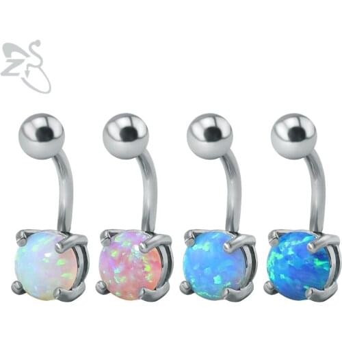 ZS Opal Belly Button Ring Stainless Steel Fire Opal Natural Stone Jewelry Belly Navel Ring Lot Navel Piercing 8mm Nombril