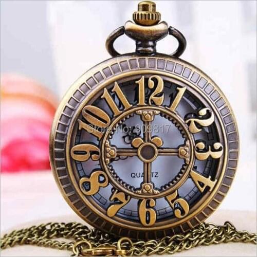 10 pcs /lot Vintage Antique Bronze necklace number hollow out pocket watches High quality low price