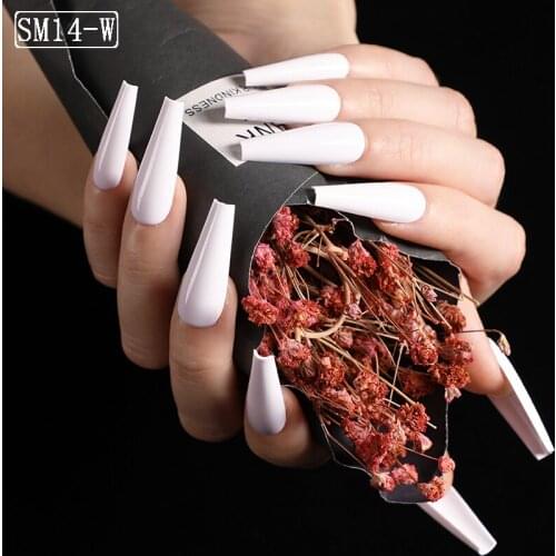 24pcs Classic Fashion New Long Candy Color Ballet Coffin Fake Nails white 14-W