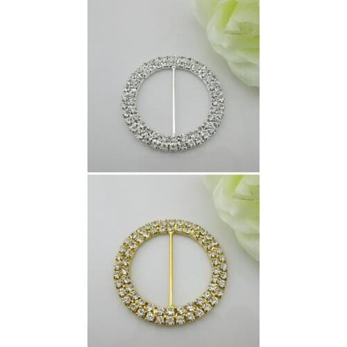 5 X Double Round Crystal Rhinestone Buckle Fit With Wedding Ribbon
