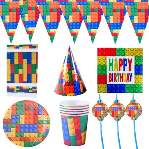 73pcs/lot Happy Birthday Party Building Blocks Theme Banner Cups Plates Napkins Baby Shower Straws Hats Tablecloth Tableware