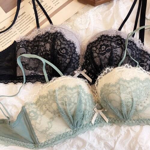 70-85 C Cup Seamless Thin Breathe Freely Girls Intimates 2021 New Summer Full Lace Push Up Bralette Panties 1/2 Sexy Underwear