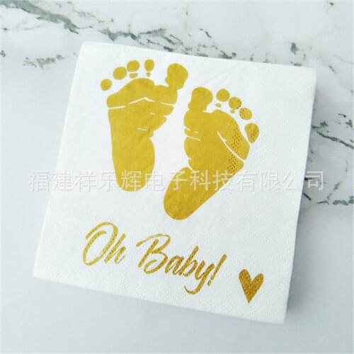 Baby Shower Napkins Oh Baby Beverage Napkins Gold Feet White Paper Cocktail Napkins for Boy and Girl Baby Shower by Gift ww02
