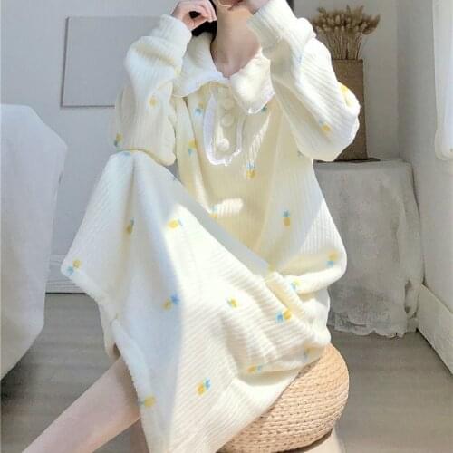 Flannel Autumn Nightgowns Korean Style Women Sleepwear Polo Neck Pijama Mujer Sweet Mid-calf Length Womens Sleepwear Fashion