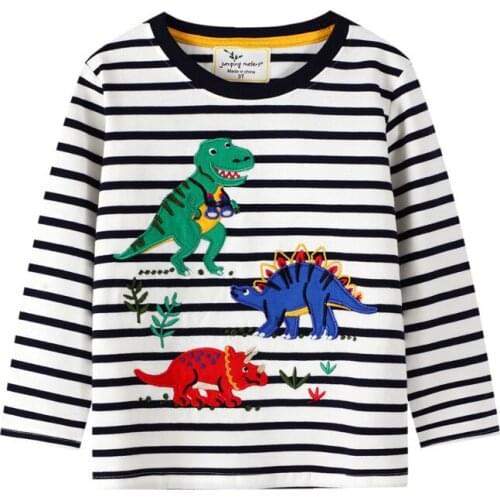 Jumping Meters Long Sleeve Dinosaurs T shirts for Baby Autumn Spring Clothes Cotton Stripe Animals Applique Boys Girls Top Tees