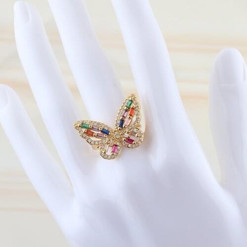 Rainbow Zircon Butterfly Ring Gem Stone Opening Exaggerated Big Knuckle Rings for Women Charming Wedding Party Jewelry Gift