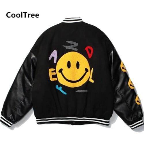 CoolTree Men Women Baseball Jacket Autumn Winter Furry Smiley Patchwork Bomber Coats Couple Hip Hop Loose Outerwear Streetwear