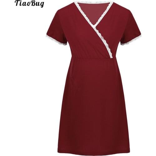 TiaoBug Summer Casual V Neck Short Sleeve Nursing Dress Lace Trimming Pleated Maternity Nightgown Breastfeeding Nightdress