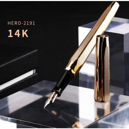Hero 2191 14K Gold Collection Fountain Pen Golden Engraving Ripples Two-head Medium Nib Gift Pen and Box for Business Office