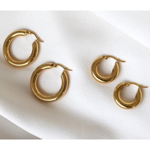 Tarnish Free Polished Smooth Hoop Earrings for Women Stainless Steel Vintage Small Large Circle 18k Gold Plated Female Jewelry