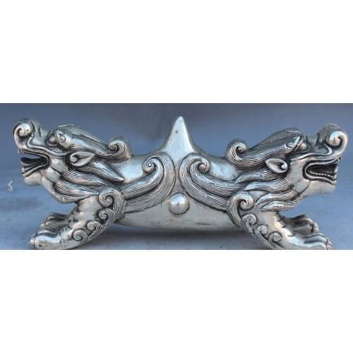 Decoration bronze factory outlets Tibet Silver 10" Marked Chines Dynasty Silver 3 Beast Pi Xiu brush pen rack penholder Shelf