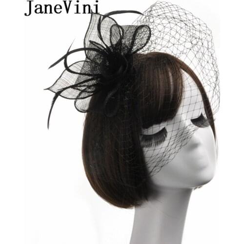 JaneVini Bridal Net Feather Hats Black Wedding Hats And Fascinators Vintage Hat Veil Bride Flower Feathers Fascinator Face Veils