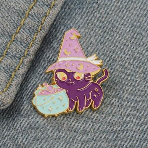 Magic Witch Hat Black Cat Metal Enamel Pins Cute Kitten Brooch Pin For Clothes Backpack Witchcraft Cartoon Jewelry Birthday Gift
