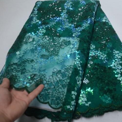 High grade deep green African tulle lace fabric fashion sequins French net lace fabric for attractive party dress OP124