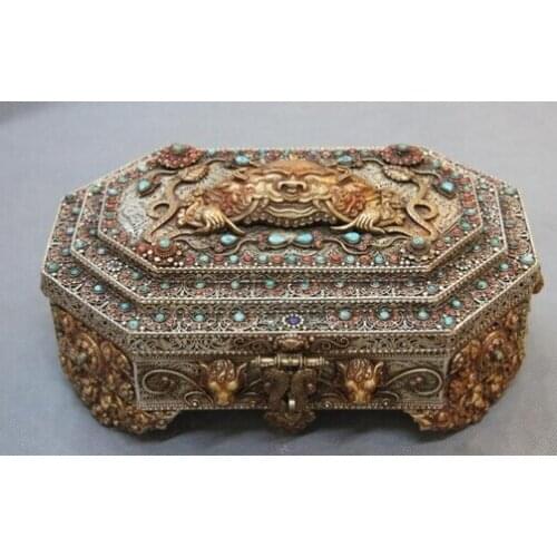 Xd 003367 Tibet Old Silver Copper Gold Gilt inlay Turquoise Coral Garuda Case Jewelry Box