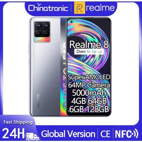 Global Version realme 8 Mobile Phone 64MP Quad Camera 5000mAh 30W Fast Charger 6.4” Super AMOLED Helio G95 OTA Update NFC