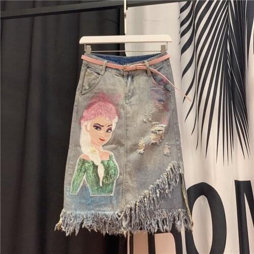 Beautiful Girl Sequin Denim Skirts Women Frayed Ripped Tassel High Quality Mid Long Jeans Skirt Female 2020 Summer Streetwear