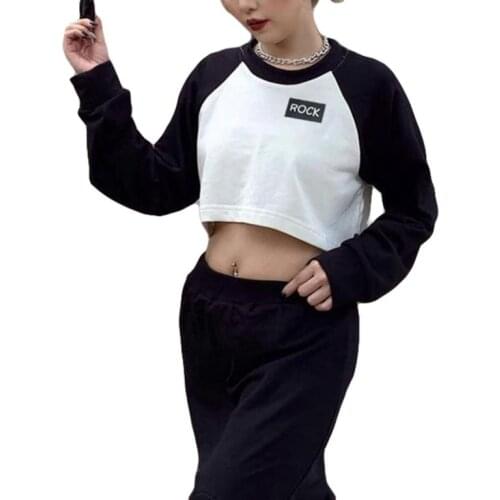 Women’s Casual Long Sleeve T-shirt Fashion Contrast Color Letter Round Neck Exposed Navel Tops