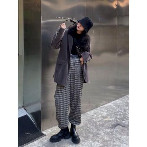 2021 Spring Womens Straight Leg Pants New High Waist Black White Striped Wide Leg Retro Casual Drape Plaid Trousersv Harajuku