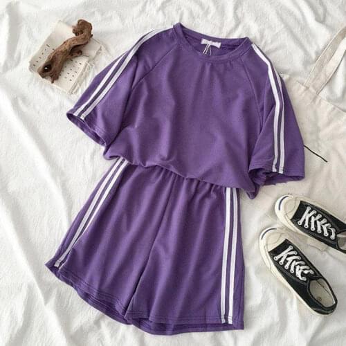 Summer Womens Sportswear Shorts Suits Casual Loose Striped O-neck Short Sleeve Tracksuits T-shirt Two Piece Set Female 2021