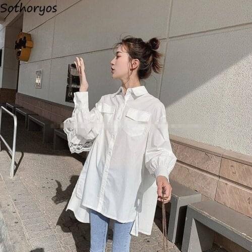 Women Long Blouses Female Shirts Long Sleeve Lace Ruffles All-match Turn-down Collar Pockets Loose Oversized 4XL Korean Style