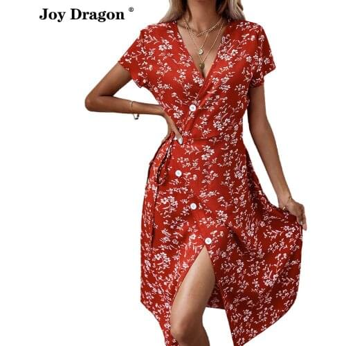 Women Dress Summer Print Beach V Neck Long Maxi 2021 Split Lae Up Buttons Party Casual Daily Fashion Short Sleeve Slim Dresses